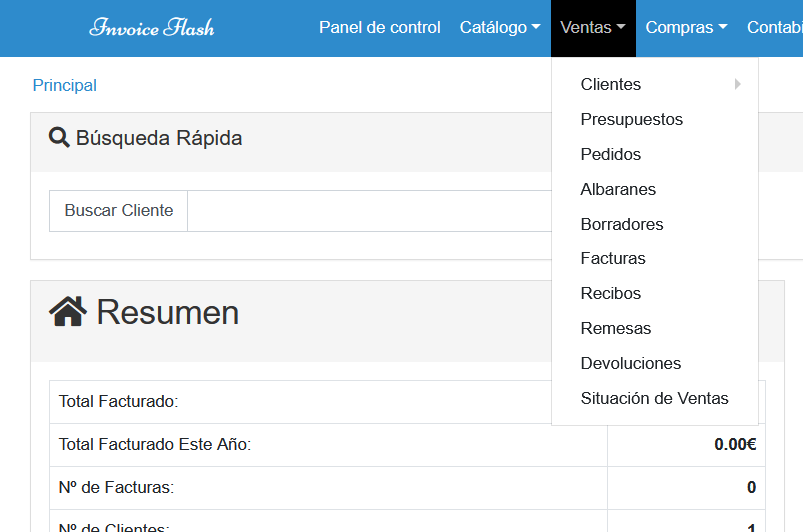 InvoiceFlash Sales menu: clients, quotes, orders, delivery notes and invoices